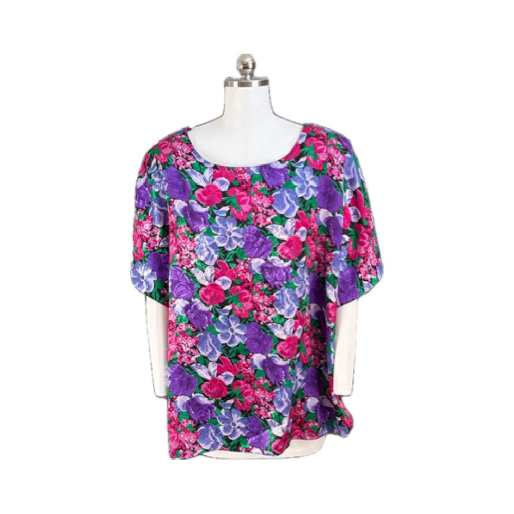 Floral Scoop Neck Short Sleeve Top - Purple/Pink